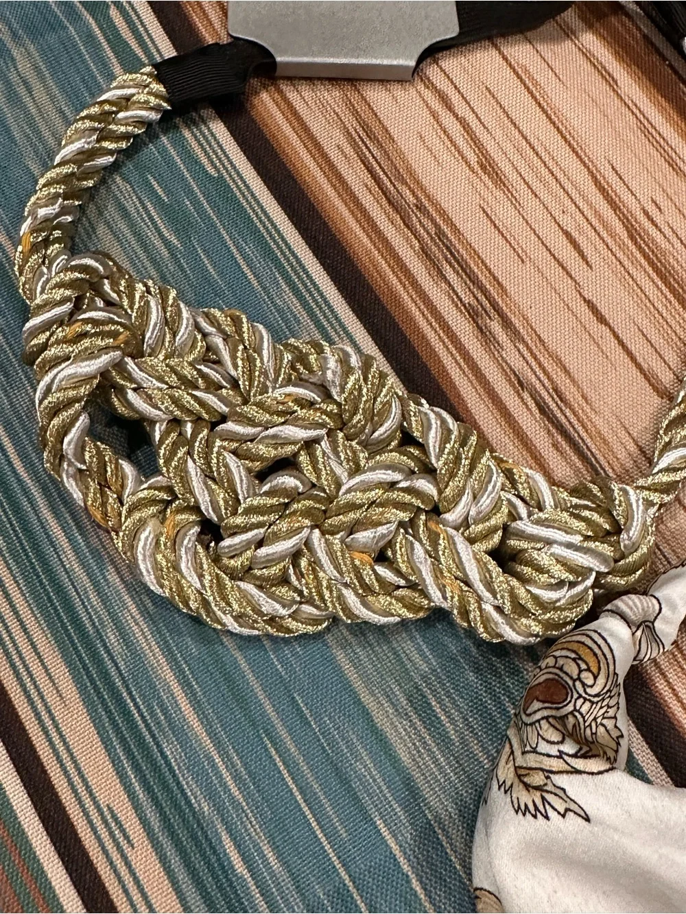 Gold & White Braided Rope and Silky Chain Print Headband Set